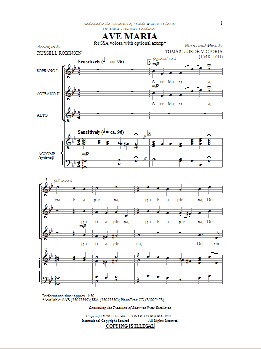 Download Tomas Luis de Victoria Ave Maria (arr. Russell Robinson) Sheet Music and learn how to play SAB PDF digital score in minutes
