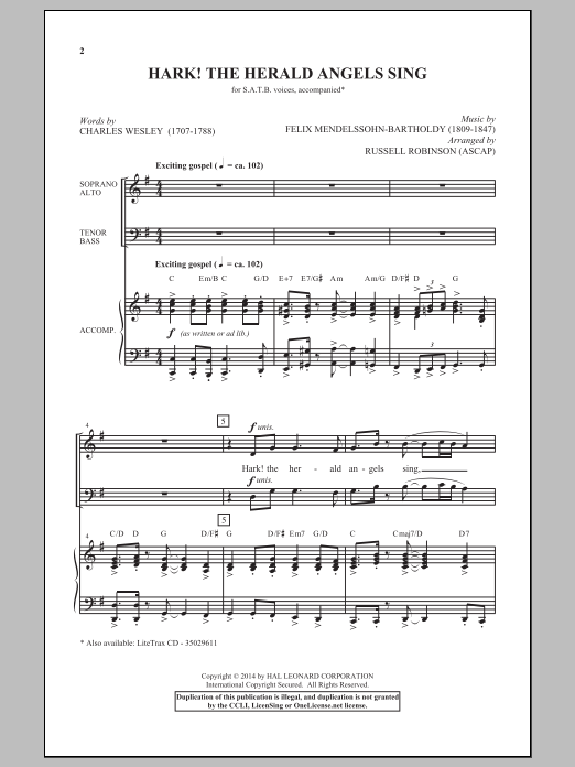 Download Christmas Carol Hark! The Herald Angels Sing (arr. Russell Robinson) Sheet Music and learn how to play SATB PDF digital score in minutes
