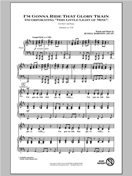 Download Russell Robinson I'm Gonna Ride That Glory Train Sheet Music and learn how to play 3-Part Mixed PDF digital score in minutes