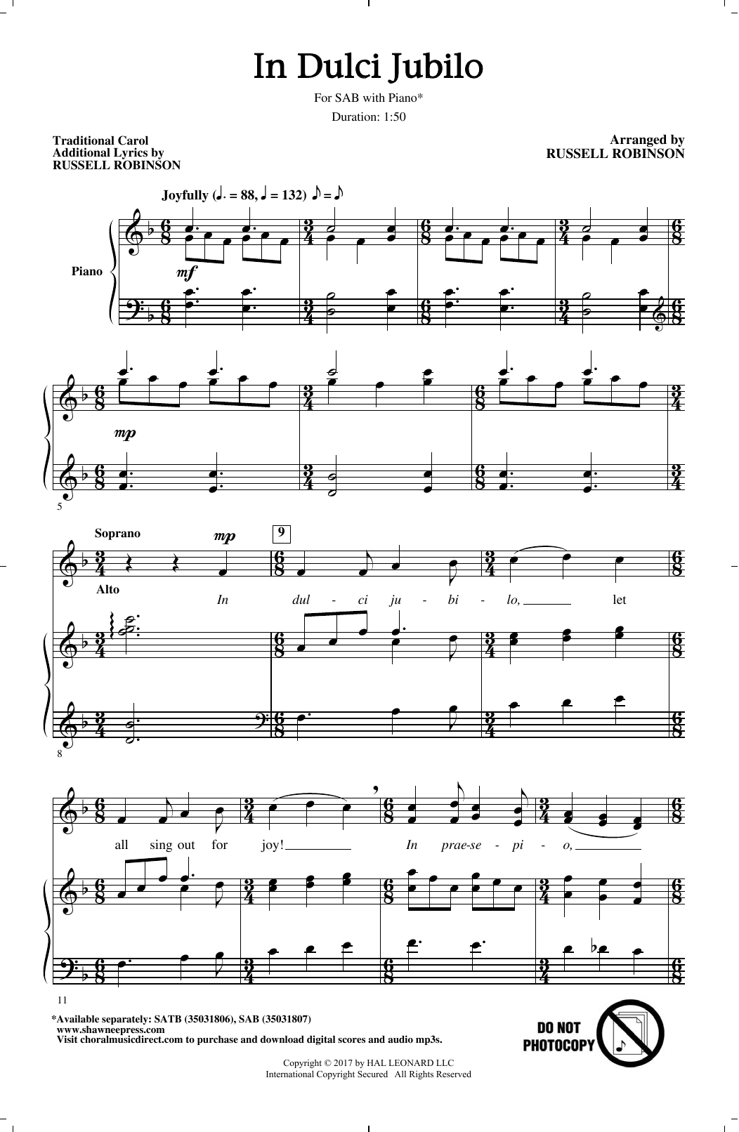 Download Russell Robinson In Dulci Jubilo Sheet Music and learn how to play SAB PDF digital score in minutes