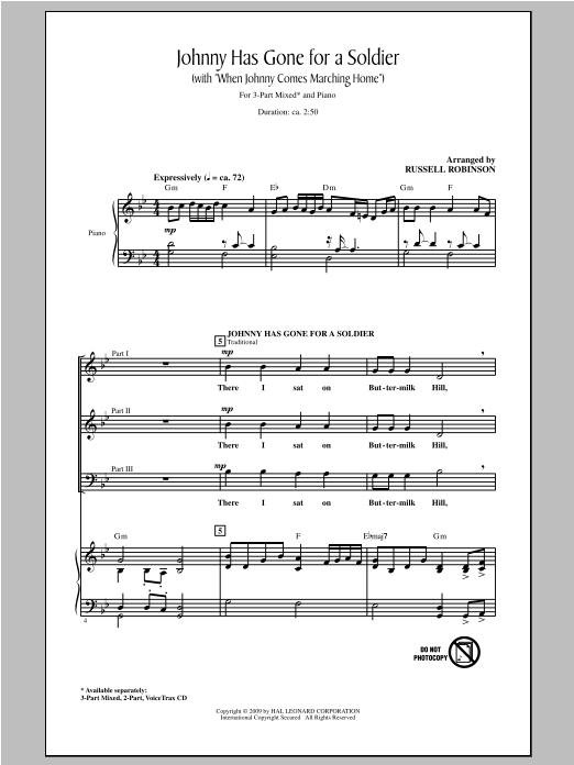 Download Russell Robinson Johnny Has Gone For A Soldier (with When Johnny Comes Marching Home) Sheet Music and learn how to play 2-Part Choir PDF digital score in minutes