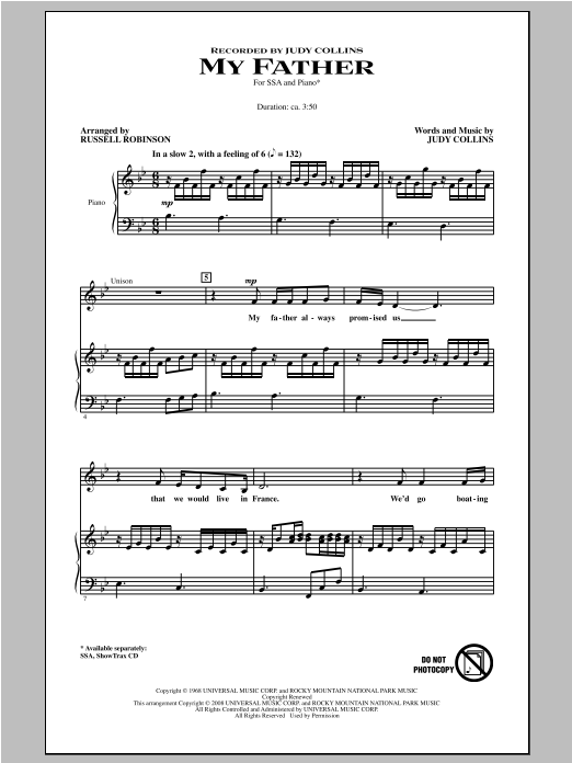 Download Judy Collins My Father (arr. Russell Robinson) Sheet Music and learn how to play SSA PDF digital score in minutes