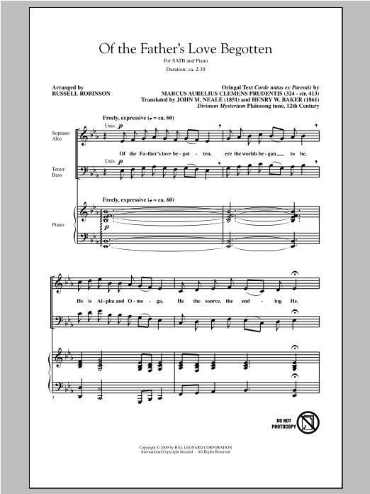 Download Aurelius C. Prudentius Of The Father's Love Begotten (arr. Russell Robinson) Sheet Music and learn how to play SATB PDF digital score in minutes