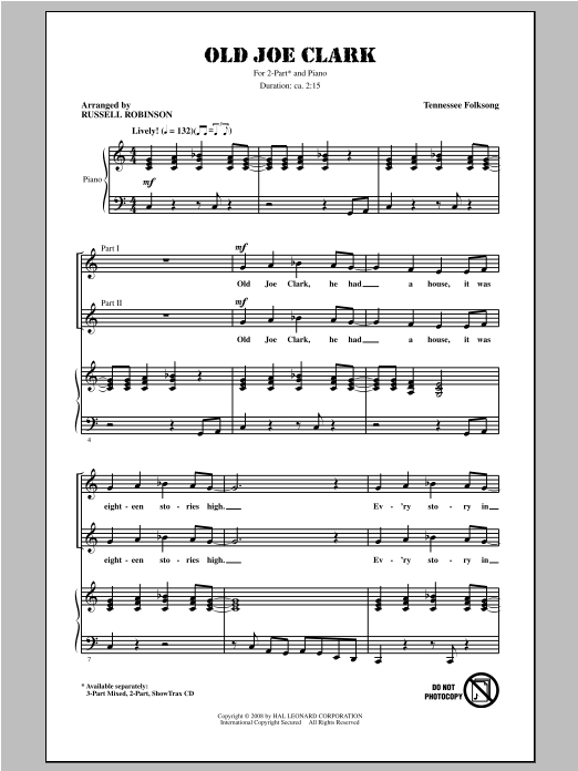 Download Traditional Folksong Old Joe Clark (arr. Russell Robinson) Sheet Music and learn how to play 3-Part Mixed PDF digital score in minutes