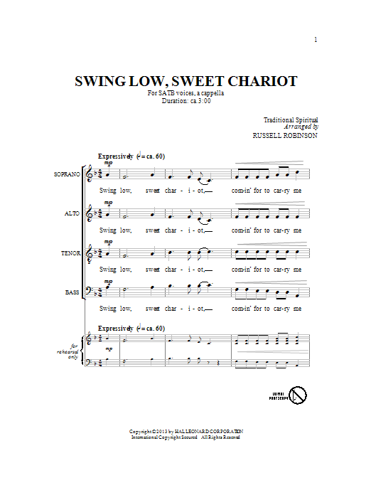Download Russell Robinson Swing Low, Sweet Chariot Sheet Music and learn how to play SATB PDF digital score in minutes