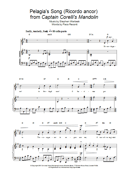 Download Russell Watson Pelagia's Song (Ricordo ancor) from Captain Corelli's Mandolin Sheet Music and learn how to play Piano, Vocal & Guitar Chords PDF digital score in minutes