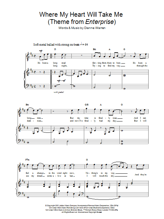 Download Russell Watson Where My Heart Will Take Me (theme from Star Trek: Enterprise) Sheet Music and learn how to play Piano, Vocal & Guitar PDF digital score in minutes