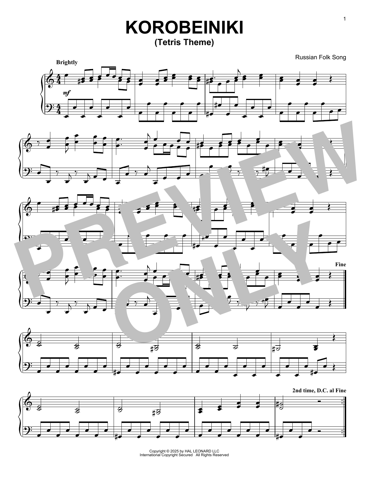 Download Russian Folk Korobeiniki Tetris Theme Sheet Music and learn how to play Easy Piano Solo PDF digital score in minutes