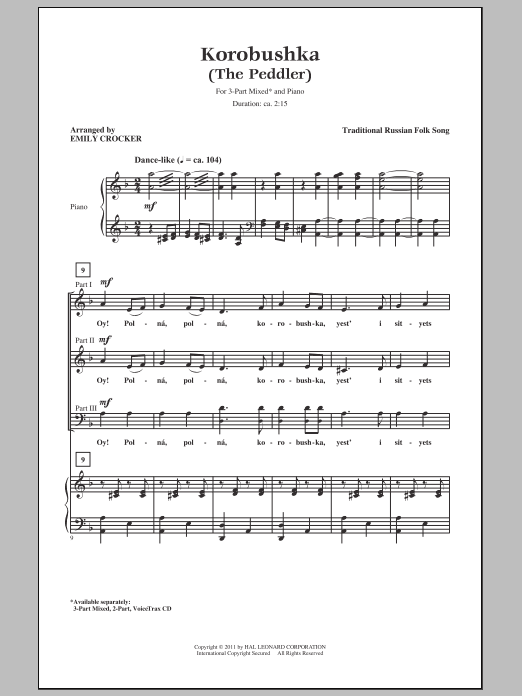 Download Traditional Korobushka (arr. Emily Crocker) Sheet Music and learn how to play 3-Part Mixed PDF digital score in minutes