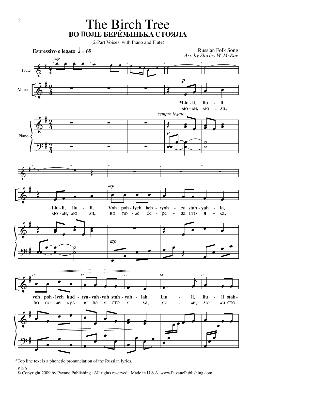 Download Russian Folk Song The Birch Tree (arr. Shirley McRae) Sheet Music and learn how to play 2-Part Choir PDF digital score in minutes