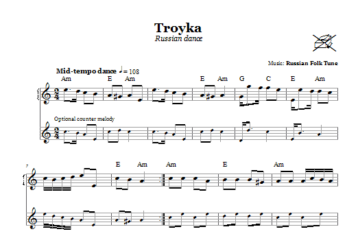 Download Russian Folk Tune Troyka (Russian Dance) Sheet Music and learn how to play Melody Line, Lyrics & Chords PDF digital score in minutes