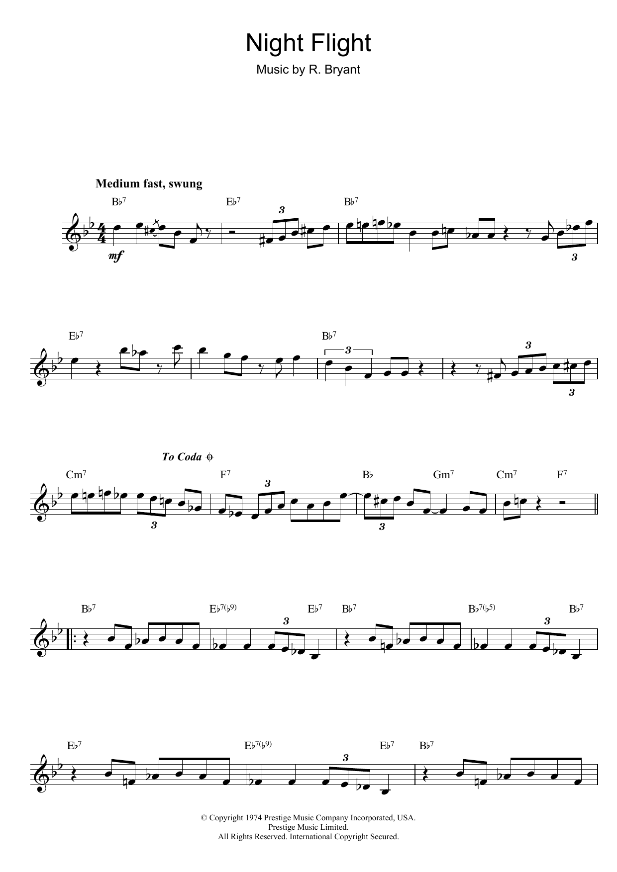 Download Rusty Bryant Night Flight Sheet Music and learn how to play Melody Line, Lyrics & Chords PDF digital score in minutes