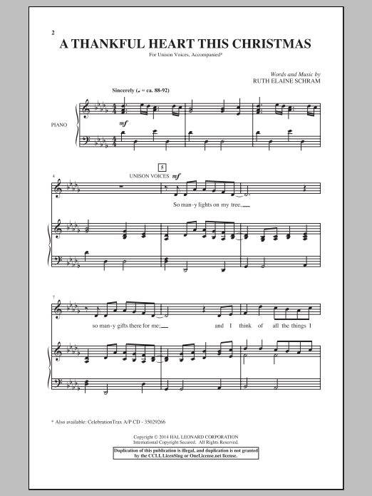 Download Ruth Elaine Schram A Thankful Heart This Christmas Sheet Music and learn how to play Unison Voice PDF digital score in minutes