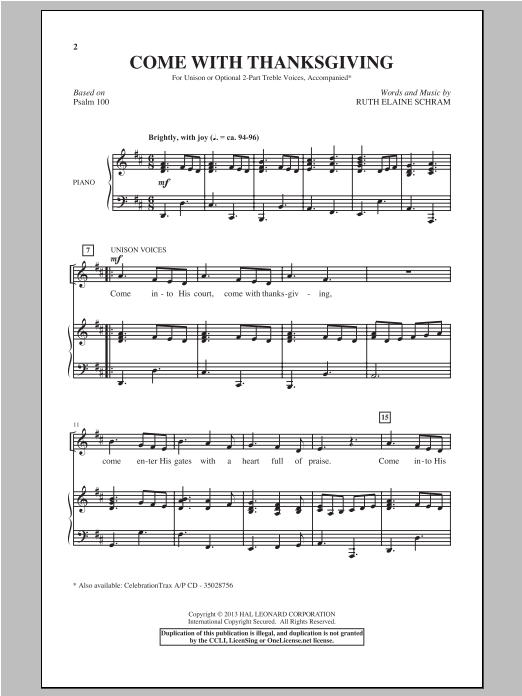 Download Ruth Elaine Schram Come With Thanksgiving Sheet Music and learn how to play Choral PDF digital score in minutes