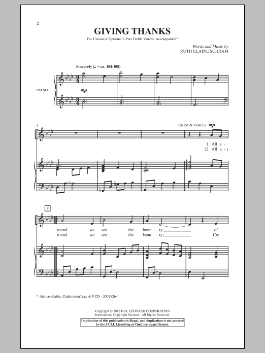 Download Ruth Elaine Schram Giving Thanks Sheet Music and learn how to play Unison Voice PDF digital score in minutes