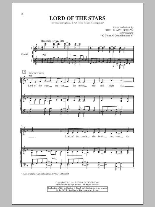Download Ruth Elaine Schram Lord Of The Stars Sheet Music and learn how to play Unison Voice PDF digital score in minutes