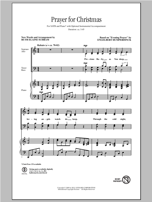 Download Engelbert Humperdinck Prayer For Christmas (arr. Ruth Elaine Schram) Sheet Music and learn how to play SATB PDF digital score in minutes