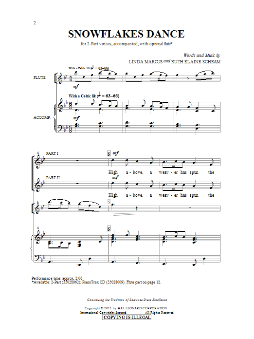 Download Ruth Elaine Schram Snowflakes Dance Sheet Music and learn how to play 2-Part Choir PDF digital score in minutes