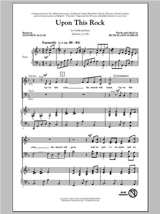 Download Ruth Elaine Schram Upon This Rock Sheet Music and learn how to play SATB PDF digital score in minutes