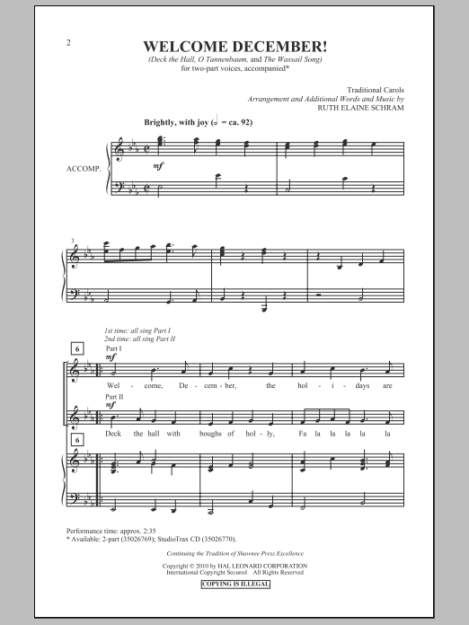 Download Ruth Elaine Schram Welcome, December! Sheet Music and learn how to play 2-Part Choir PDF digital score in minutes