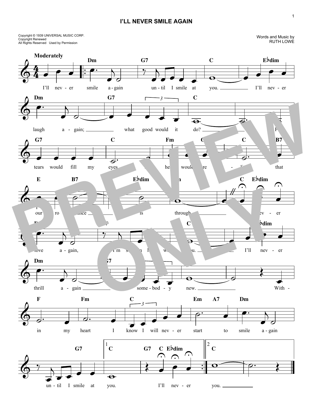 Download Ruth Lowe I'll Never Smile Again Sheet Music and learn how to play Melody Line, Lyrics & Chords PDF digital score in minutes