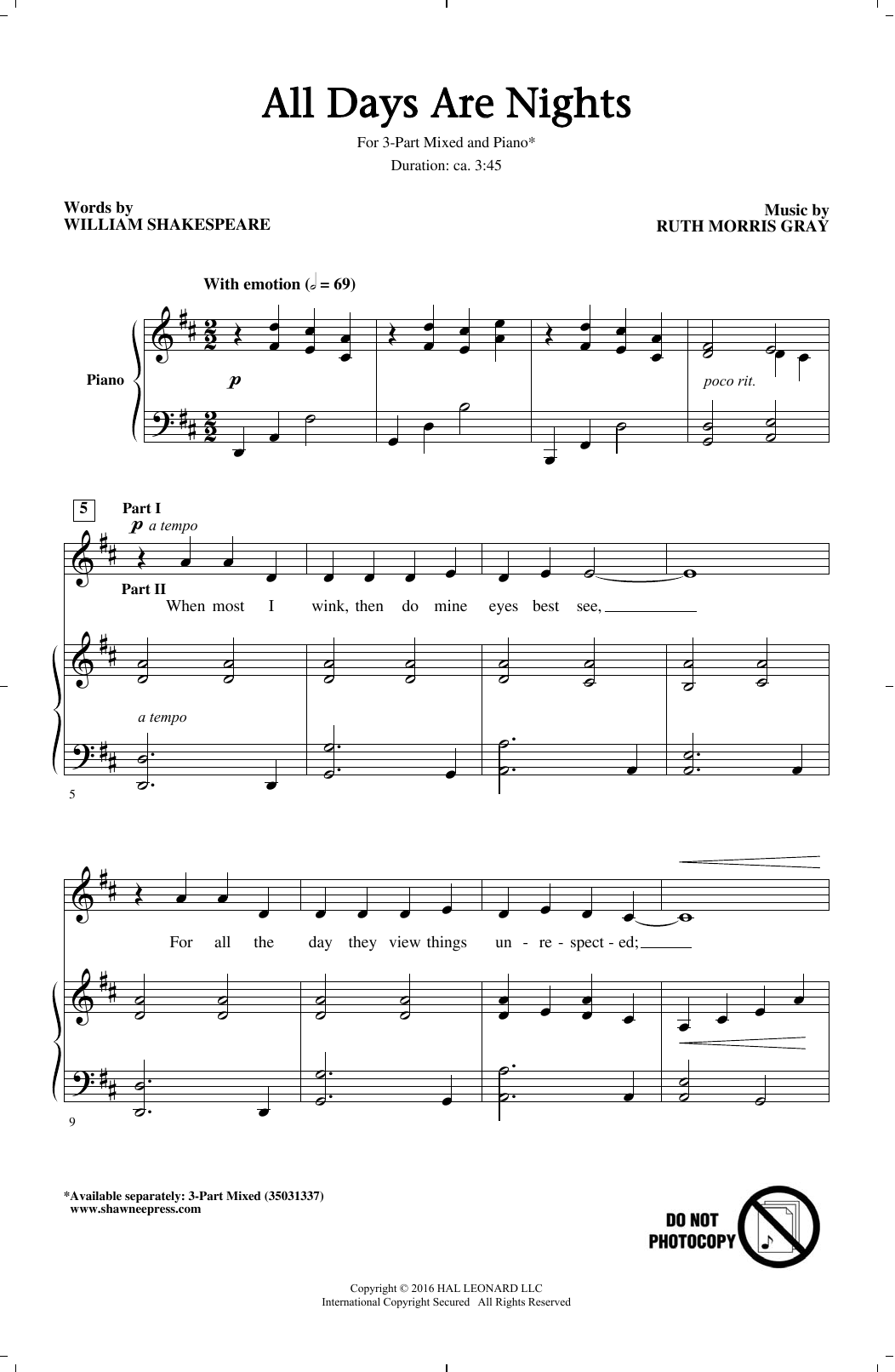 Download Ruth Morris Gray All Days Are Nights Sheet Music and learn how to play 3-Part Mixed PDF digital score in minutes