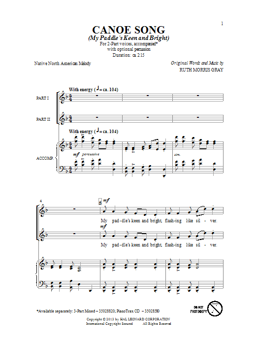 Download Ruth Morris Gray Canoe Song Sheet Music and learn how to play 2-Part Choir PDF digital score in minutes