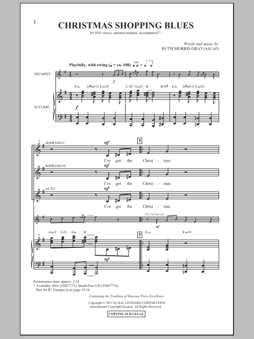 Download Ruth Morris Gray Christmas Shopping Blues Sheet Music and learn how to play SSA Choir PDF digital score in minutes