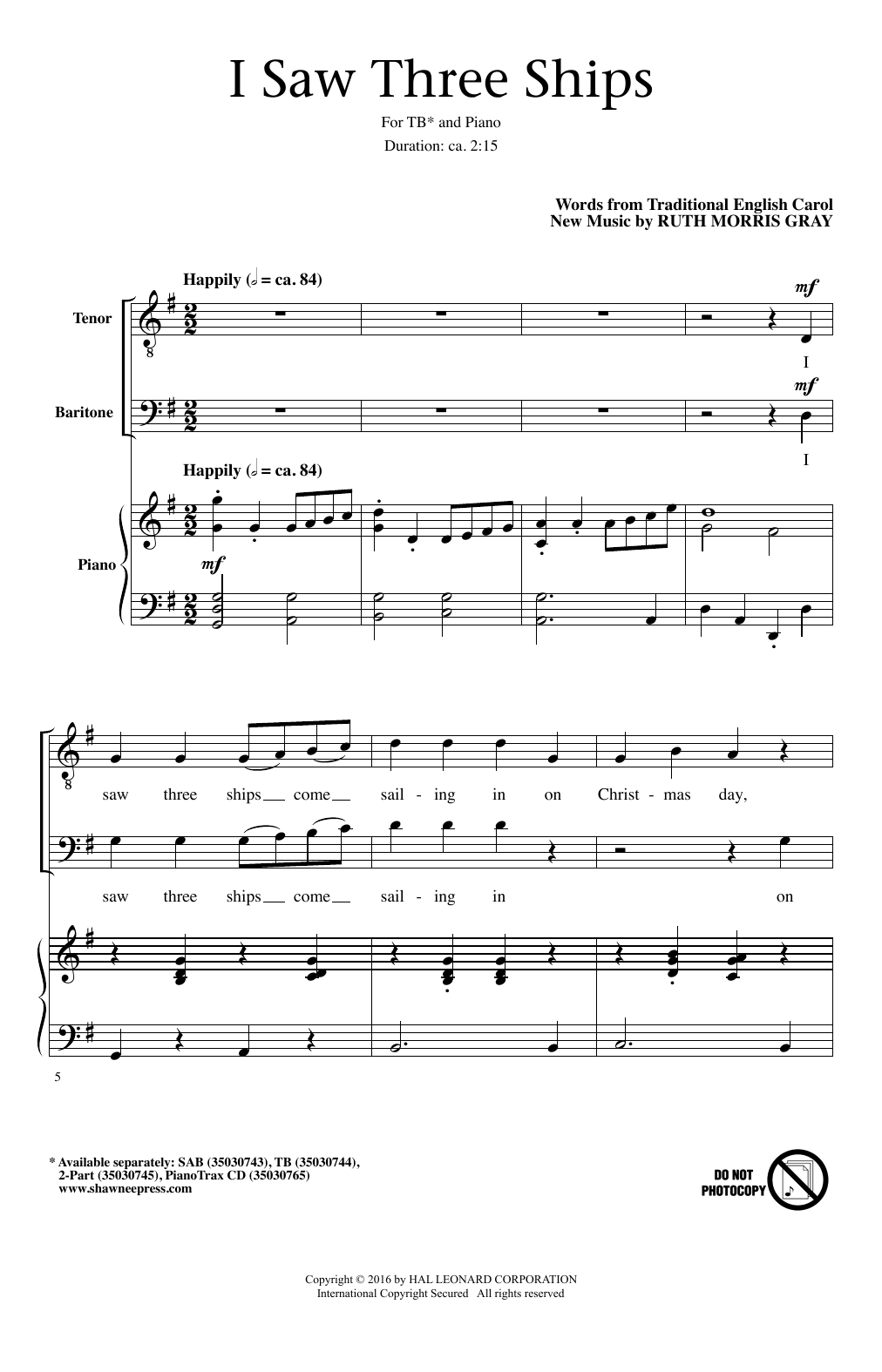 Download Ruth Morris Gray I Saw Three Ships Sheet Music and learn how to play TB PDF digital score in minutes