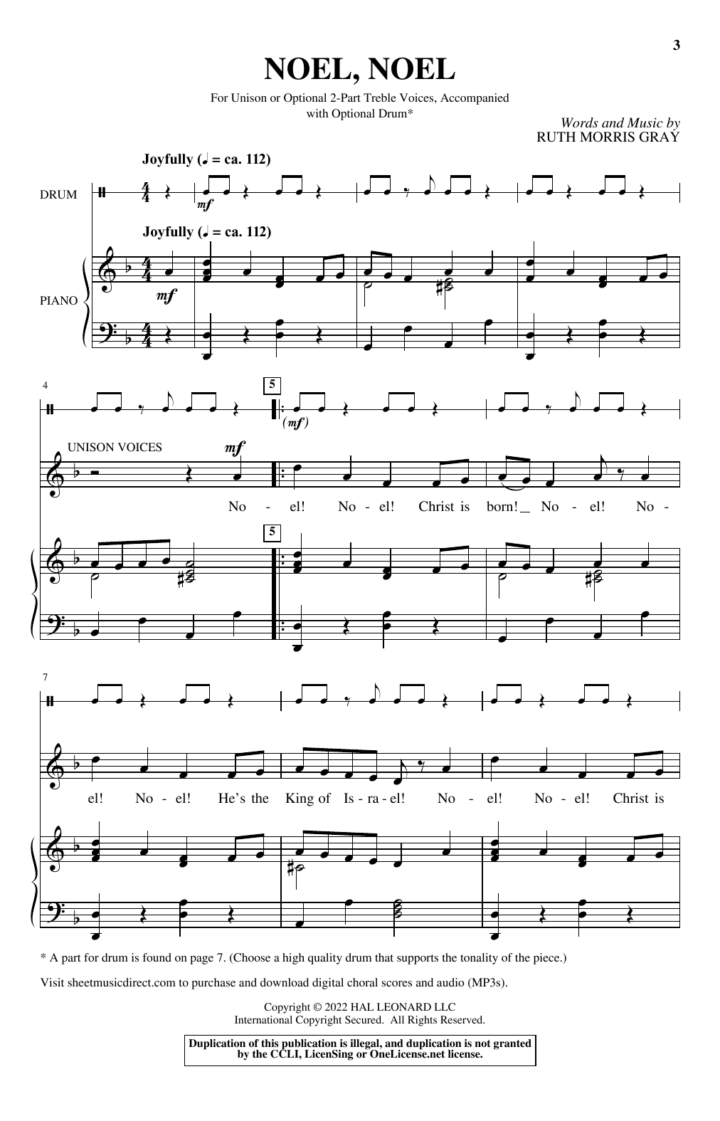 Download Ruth Morris Gray Noel, Noel Sheet Music and learn how to play Unison Choir PDF digital score in minutes