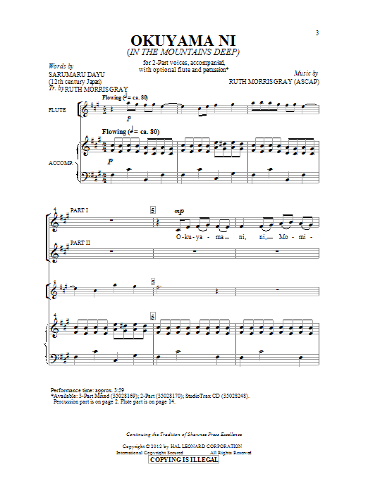 Download Ruth Morris Gray Okuyami Ni (In The Mountains Deep) Sheet Music and learn how to play 3-Part Mixed PDF digital score in minutes