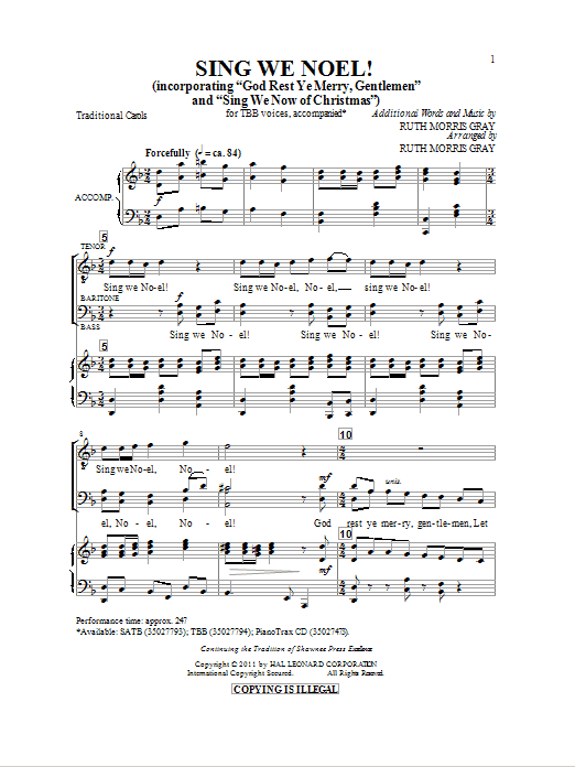 Download Traditional Carol Sing We Noel (arr. Ruth Morris Gray) Sheet Music and learn how to play Choral TBB PDF digital score in minutes