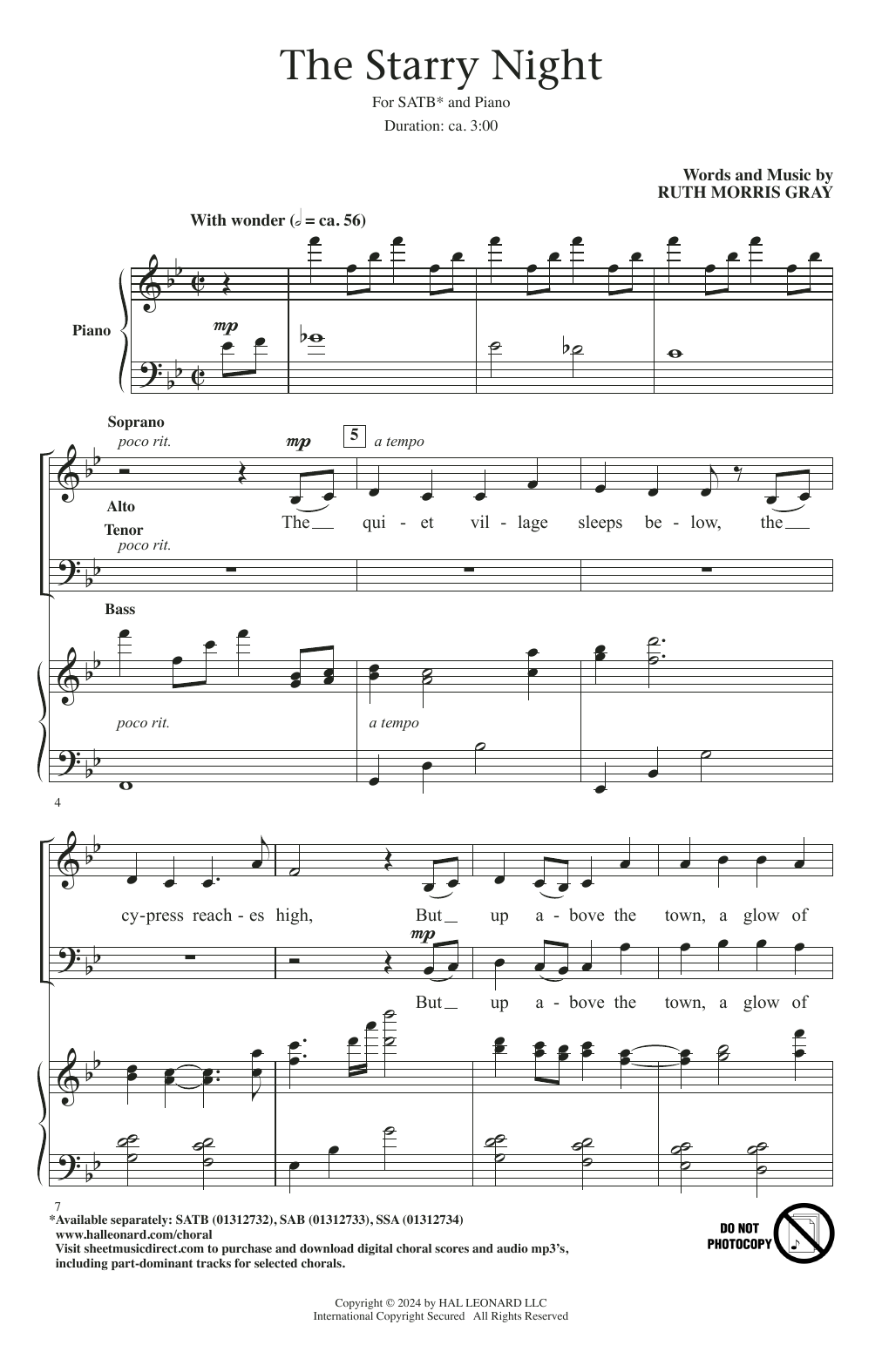 Download Ruth Morris Gray The Starry Night Sheet Music and learn how to play SAB Choir PDF digital score in minutes