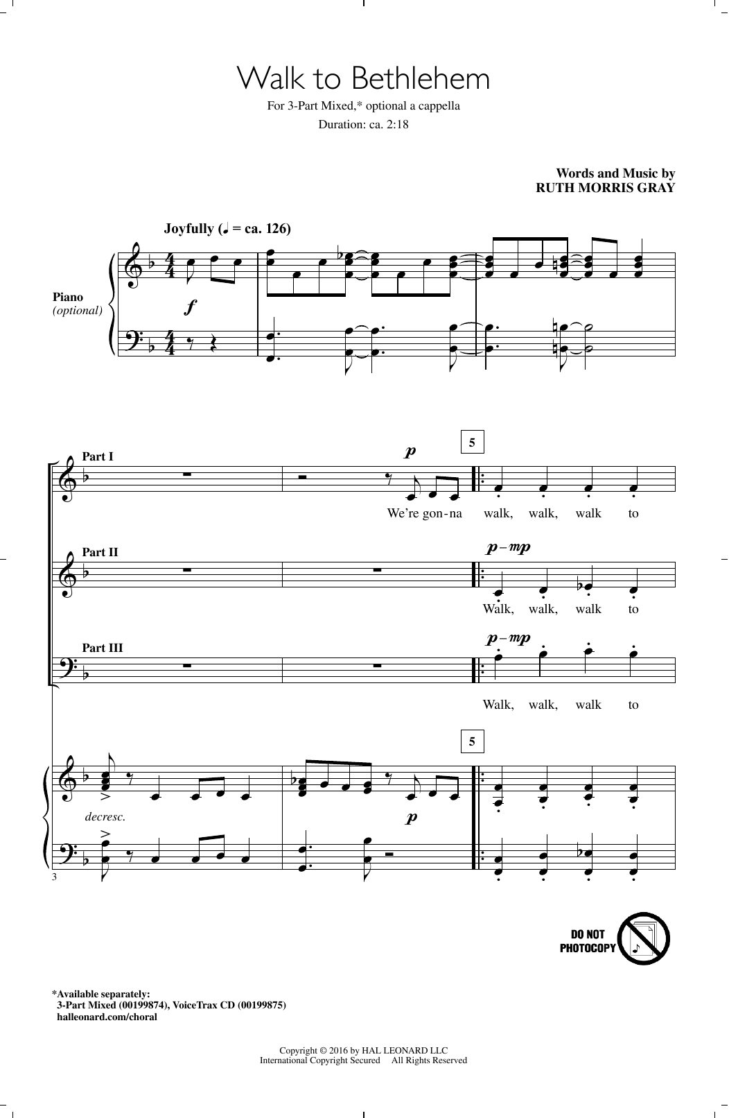 Download Ruth Morris Gray Walk To Bethlehem Sheet Music and learn how to play 3-Part Mixed PDF digital score in minutes