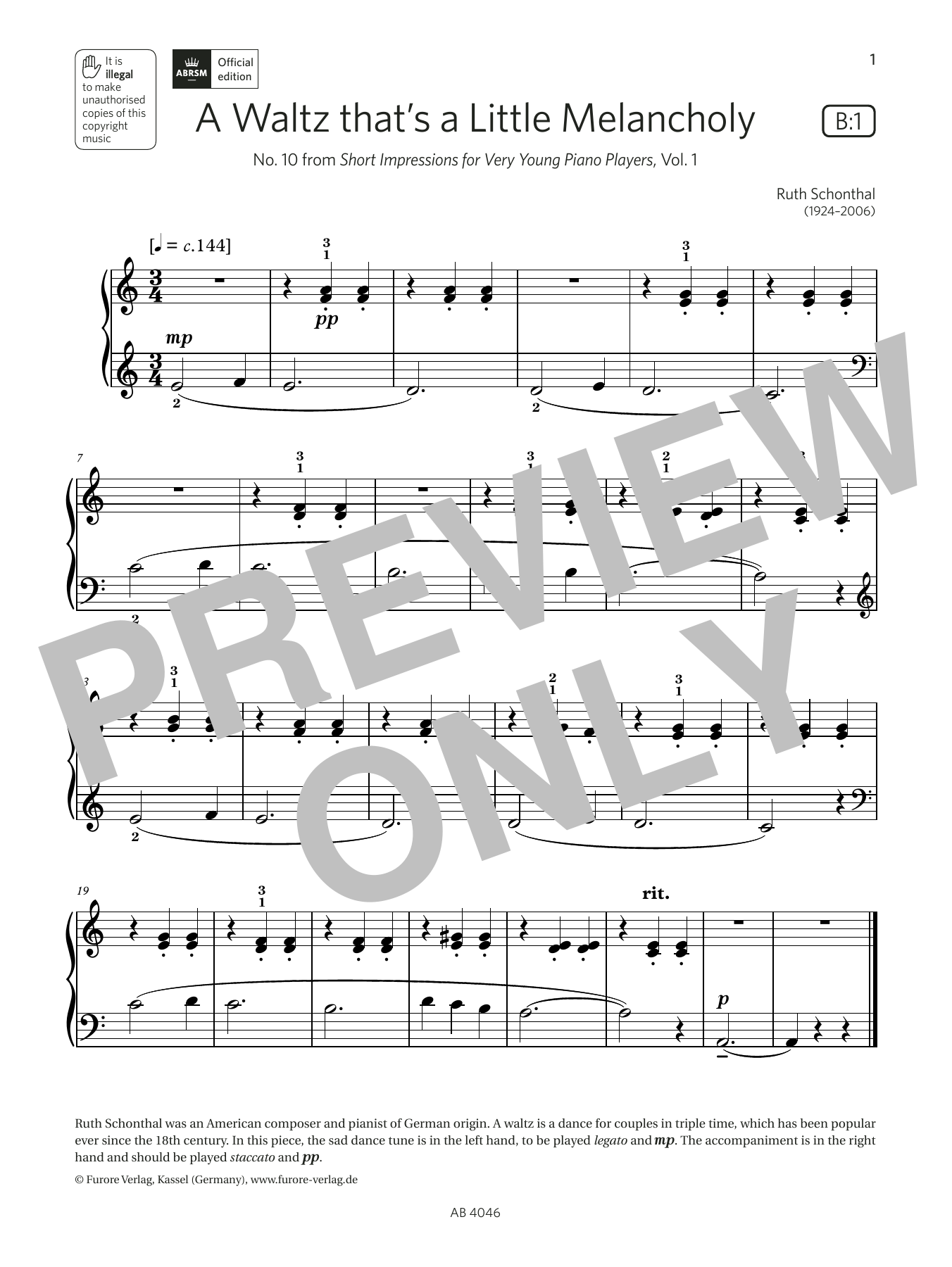 Download Ruth Schonthal A Waltz thats a Little Melancholy (Grade Initial, list B1, from ABRSM Piano Syll Sheet Music and learn how to play Piano Solo PDF digital score in minutes