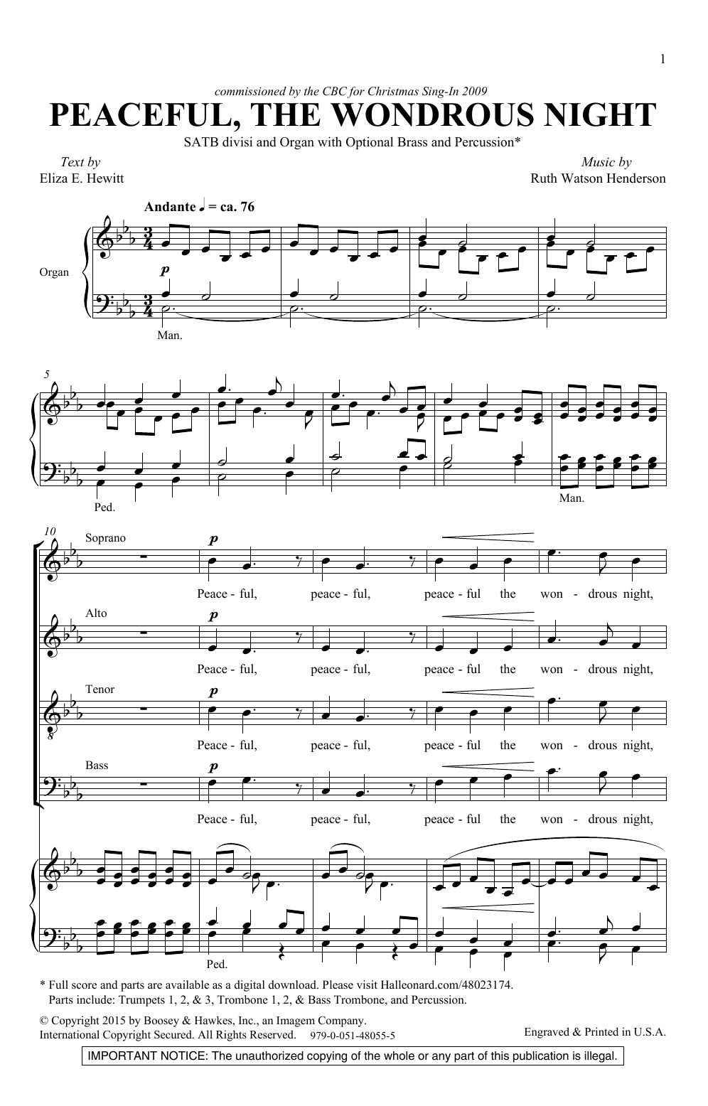 Download Ruth Watson Henderson Peaceful The Wondrous Night Sheet Music and learn how to play SATB Choir PDF digital score in minutes