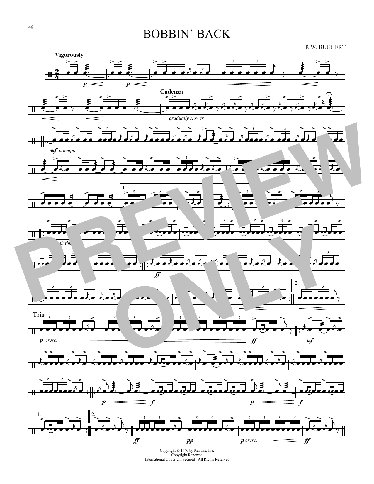 Download R.W. Buggert Bobbin' Back Sheet Music and learn how to play Snare Drum Solo PDF digital score in minutes