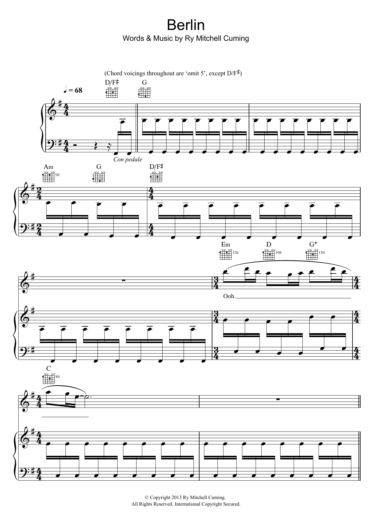 Download RY X Berlin Sheet Music and learn how to play Piano, Vocal & Guitar (Right-Hand Melody) PDF digital score in minutes