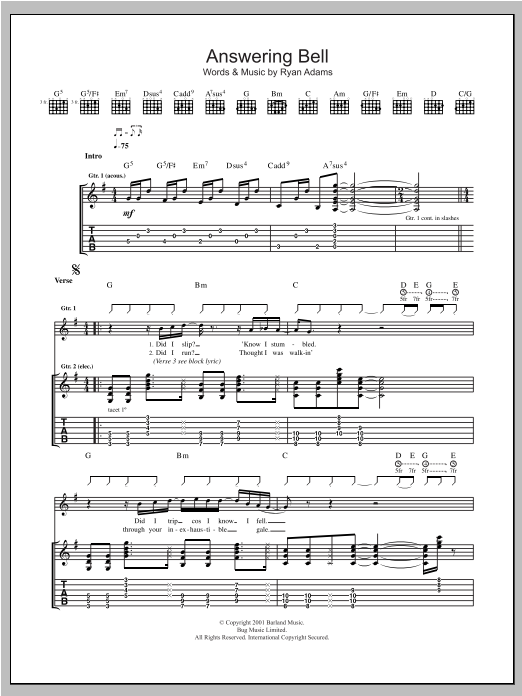 Download Ryan Adams Answering Bell Sheet Music and learn how to play Guitar Tab PDF digital score in minutes