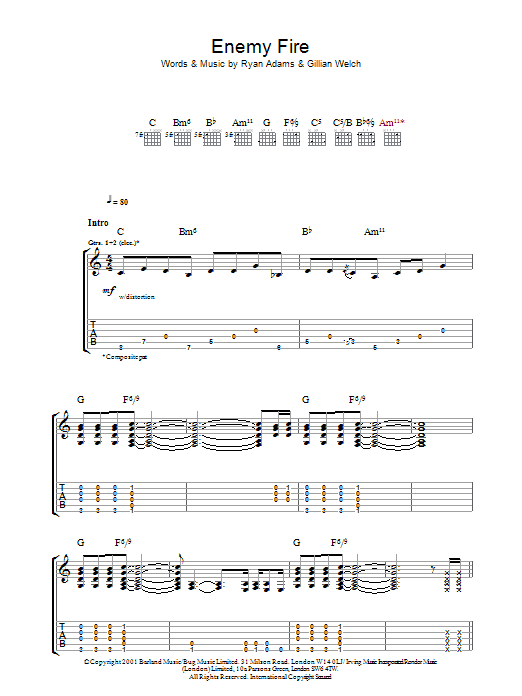 Download Ryan Adams Enemy Fire Sheet Music and learn how to play Guitar Tab PDF digital score in minutes