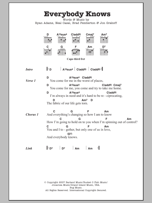 Download Ryan Adams Everybody Knows Sheet Music and learn how to play Lyrics & Chords PDF digital score in minutes