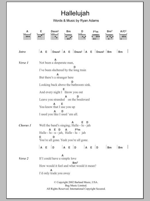 Download Ryan Adams Hallelujah Sheet Music and learn how to play Lyrics & Chords PDF digital score in minutes