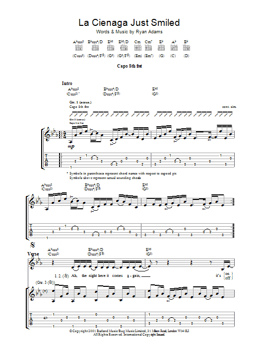 Download Ryan Adams La Cienega Just Smiled Sheet Music and learn how to play Guitar Tab PDF digital score in minutes