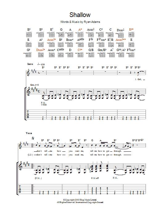 Download Ryan Adams Shallow Sheet Music and learn how to play Guitar Tab PDF digital score in minutes