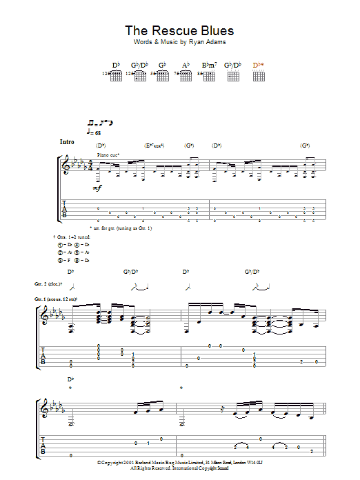 Download Ryan Adams The Rescue Blues Sheet Music and learn how to play Guitar Tab PDF digital score in minutes