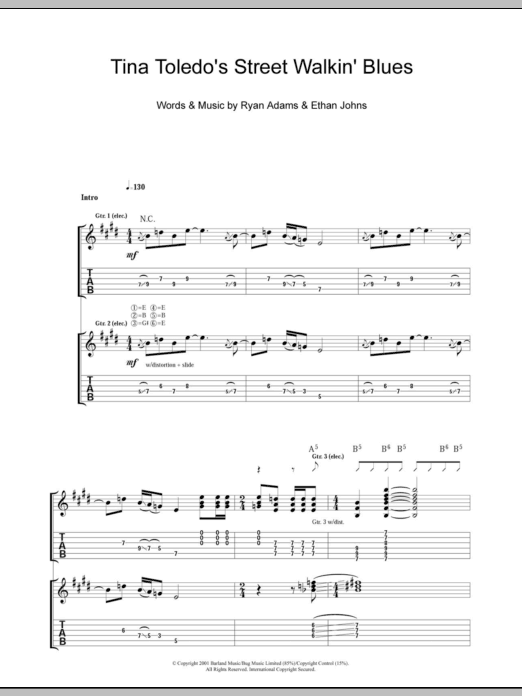 Download Ryan Adams Tina Toledo's Street Walkin' Blues Sheet Music and learn how to play Guitar Tab PDF digital score in minutes