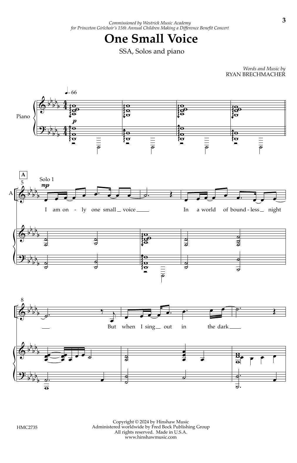 Download Ryan Brechmacher One Small Voice Sheet Music and learn how to play SSA Choir PDF digital score in minutes