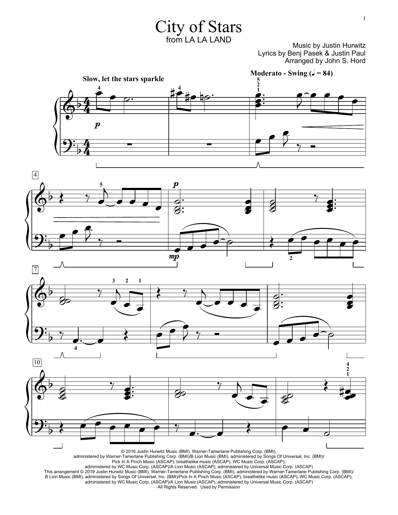 Download Ryan Gosling & Emma Stone City Of Stars (from La La Land) (arr. John S. Hord) Sheet Music and learn how to play Educational Piano PDF digital score in minutes