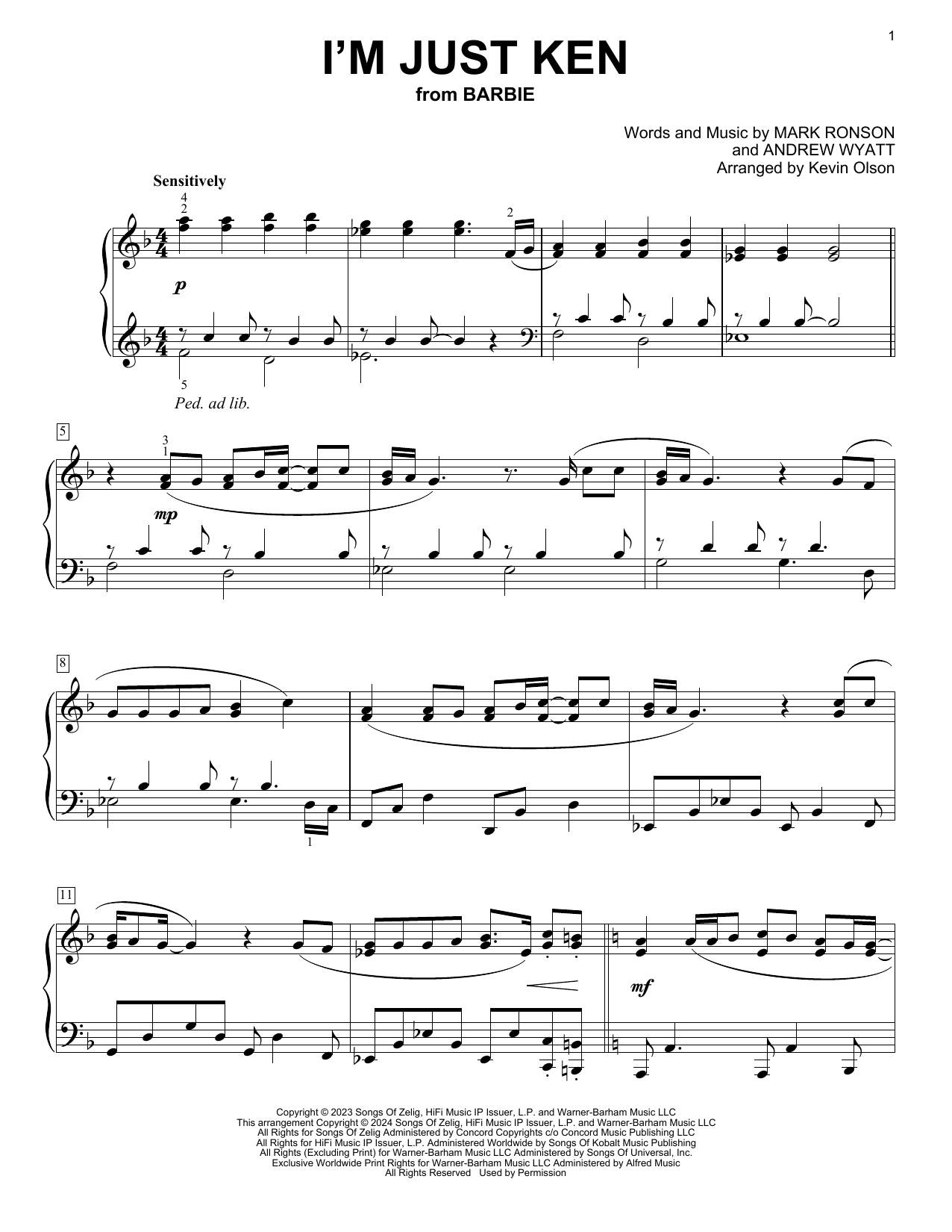 Download Ryan Gosling I'm Just Ken (from Barbie) (arr. Kevin Olson) Sheet Music and learn how to play Easy Piano Solo PDF digital score in minutes
