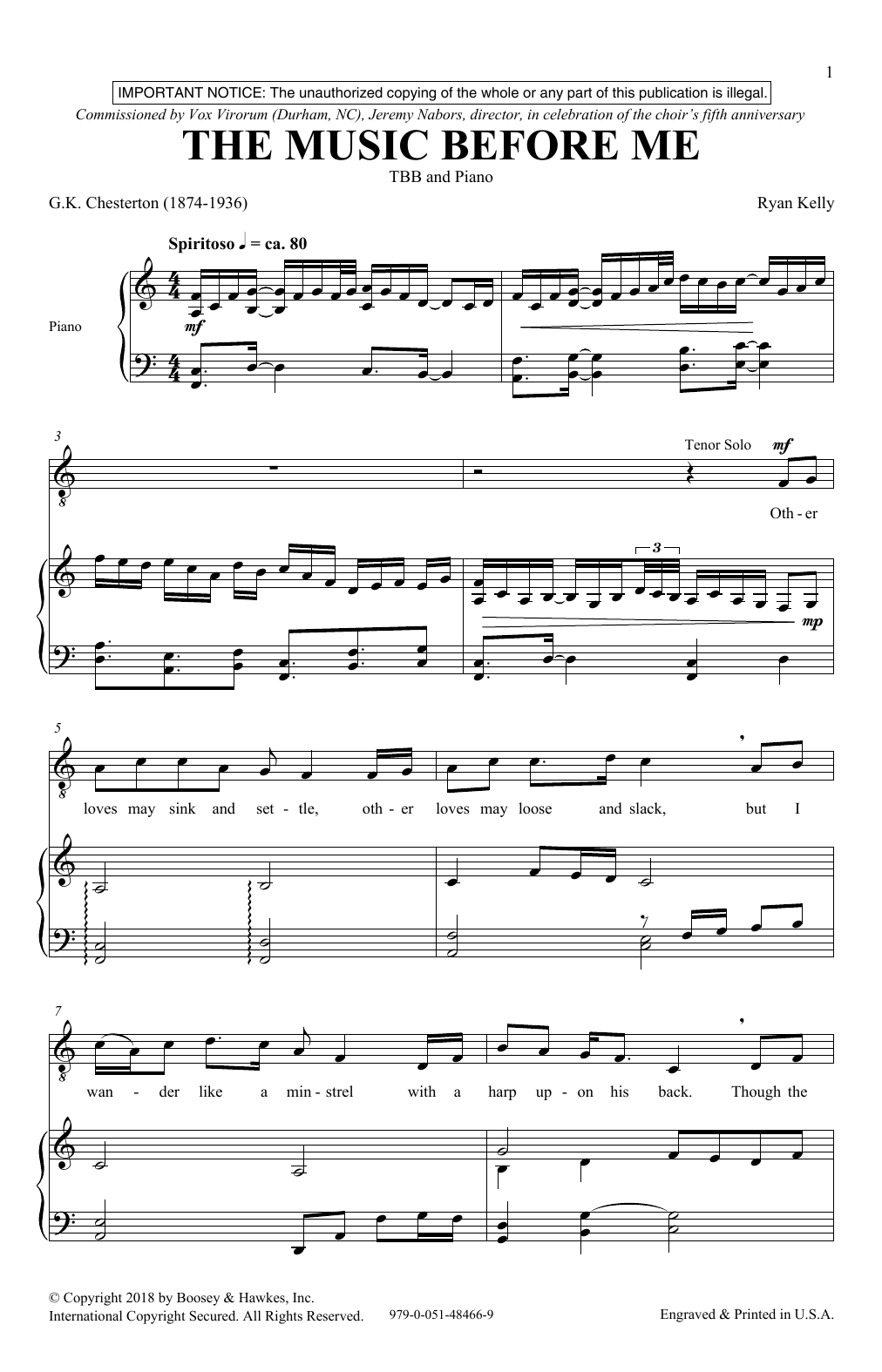 Download Ryan Kelly The Music Before Me Sheet Music and learn how to play TBB Choir PDF digital score in minutes